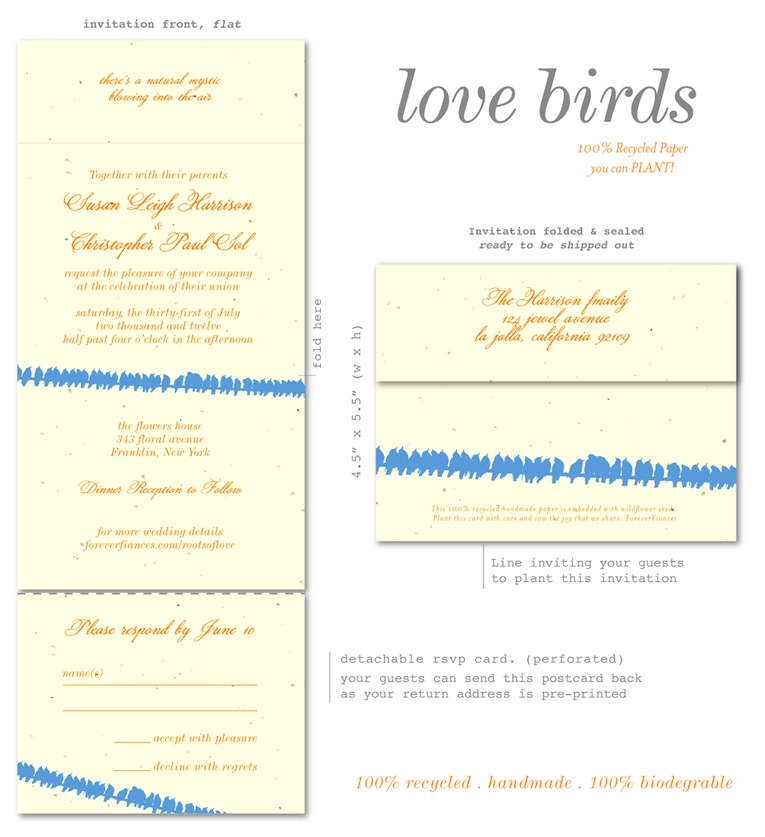 All in One wedding invitations - Love Birds Cream Orange