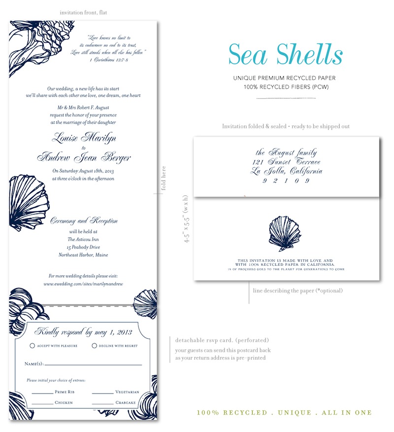 Recycled Wedding Invitations Sea Shells