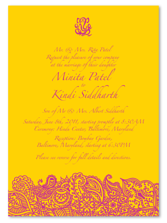 Indian Wedding Cards Bombay Design illustrated in Sweeter Mango Orchid on 