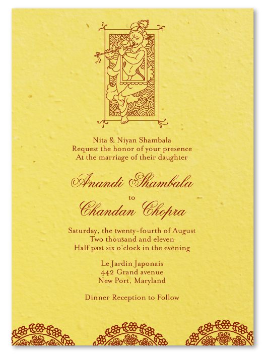 Krishna wedding invitations Krishna on Curry Yellow seeded paper 