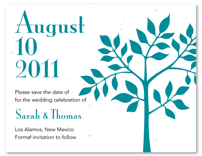 The Shalom Tree of life wedding announcement on white seeded paper Teal 