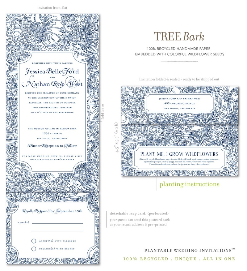 All in One Wedding invitations Tree Bark (blue and white)