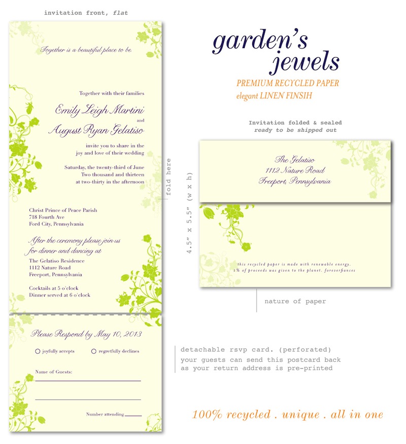 Garden's Jewels all in one invitations (grass green aubergine)